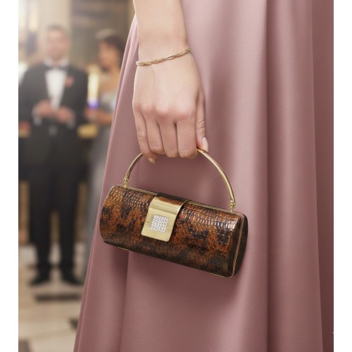 Evening Bag - Snake Skin Embossed Clutch w/Crystal Stones Accent Metal Flap Closure - Brown - BG-HPR377BR